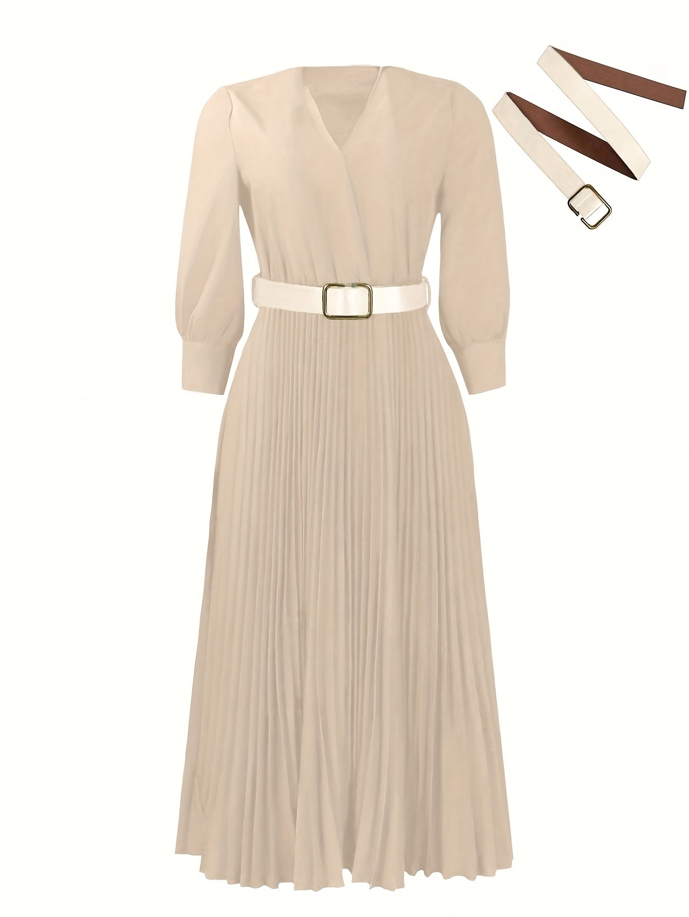 Elegant V-Neck Pleated Midi Dress with Belt for Women - Chic Long Sleeve, Cinched Waist, Ribbed Texture, Perfect for Spring & Fall Formal Event